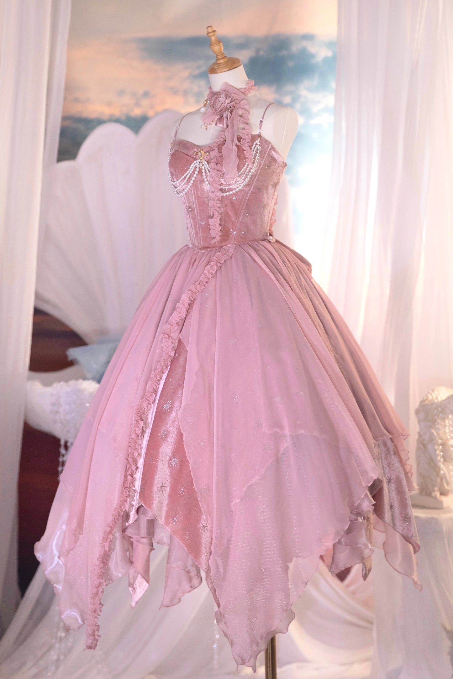 [Reservierungsschluss 1. Juni] Dunkelblau/Pink/Dunkelpetrol Atlantis Dark-Fantasy-Lolita Sternen-Korsett asymmetrisches Bustier-JKS-Kleid