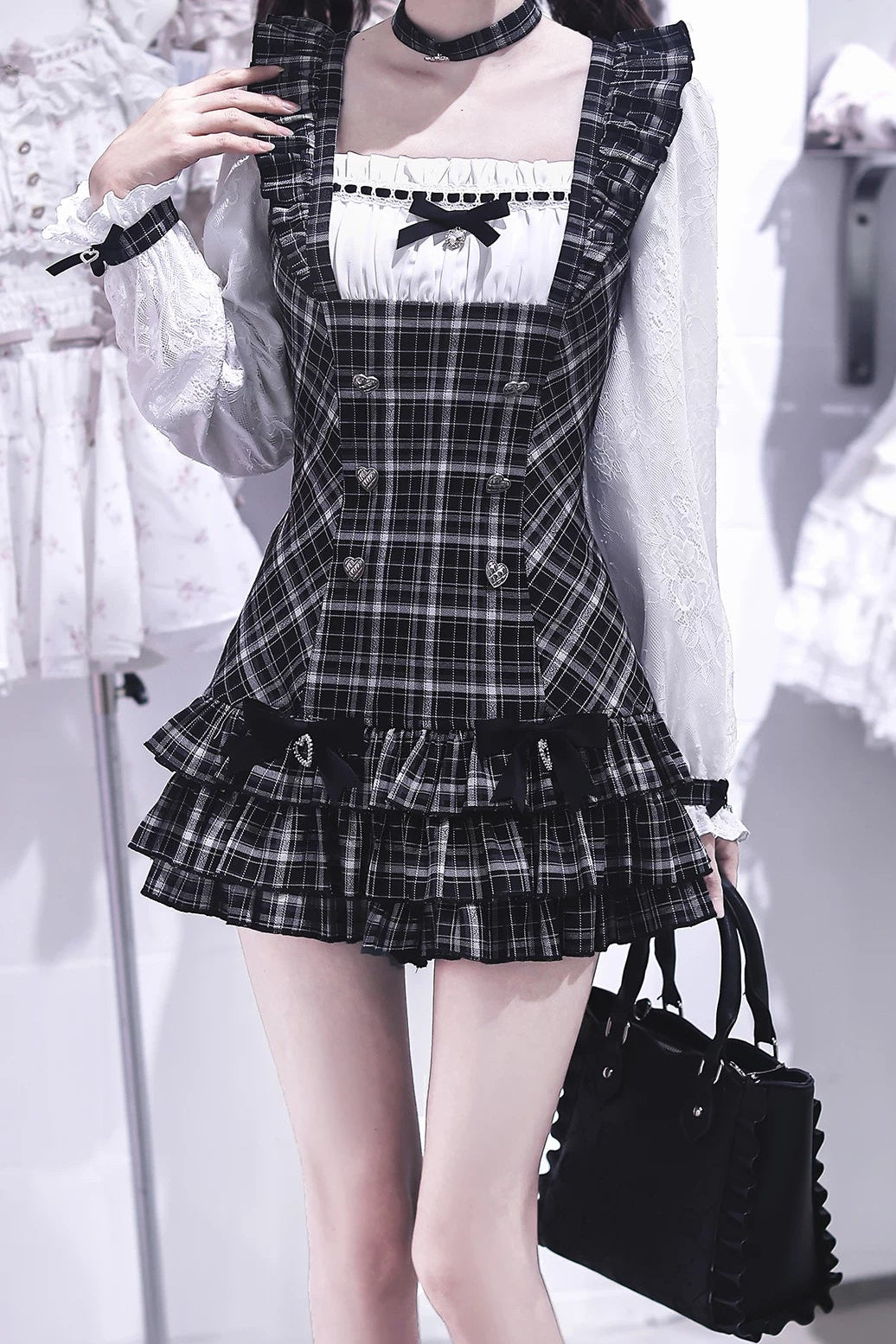 [Pre-order Deadline: September 15] Black Check Frill Ribbon Long-Sleeve Mini Dress Set-Up + Choker