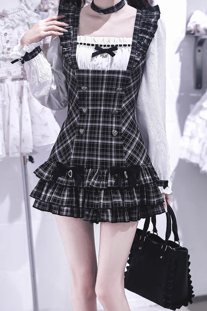 [Pre-order Deadline: September 15] Black Check Frill Ribbon Long-Sleeve Mini Dress Set-Up + Choker