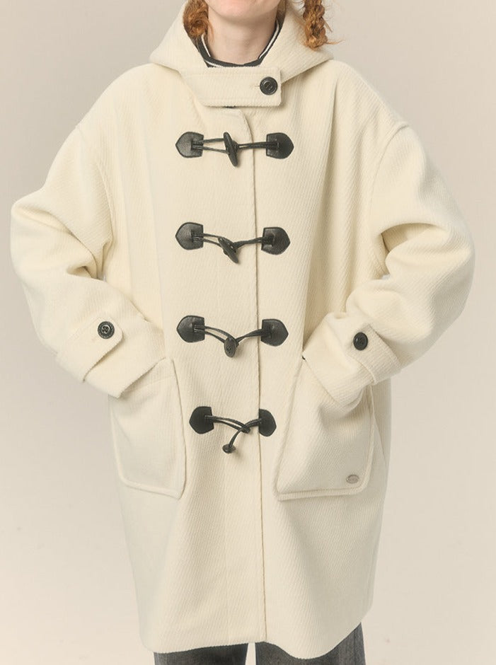 Hooded Gray Horn Button Wool Coat