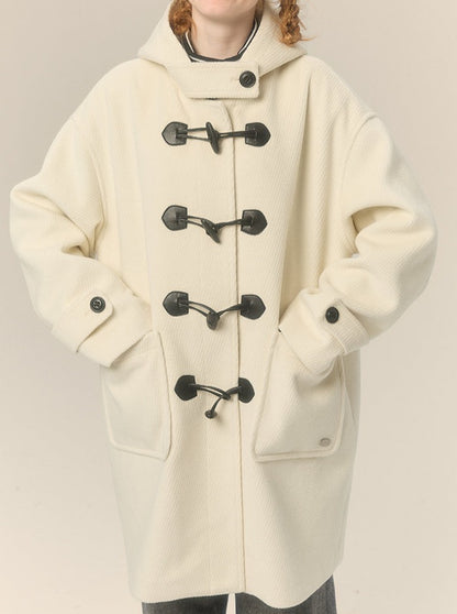 Hooded Gray Horn Button Wool Coat