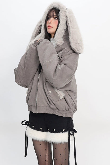 ラビットミストグレイフーデッドジャケット