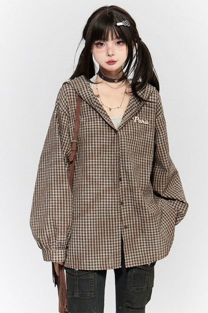 クールベアイヤーフードチェックシャツ