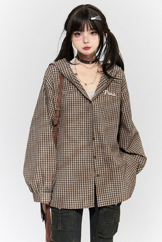 クールベアイヤーフードチェックシャツ