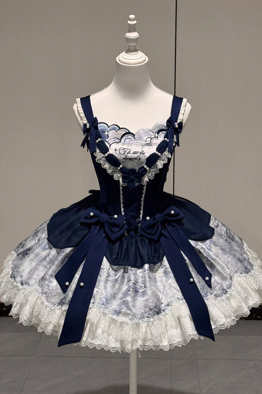 【5月6日予約締切】ダークブルームーンライトシーエレガントレースリボンレイヤードドレス＋アクセサリー