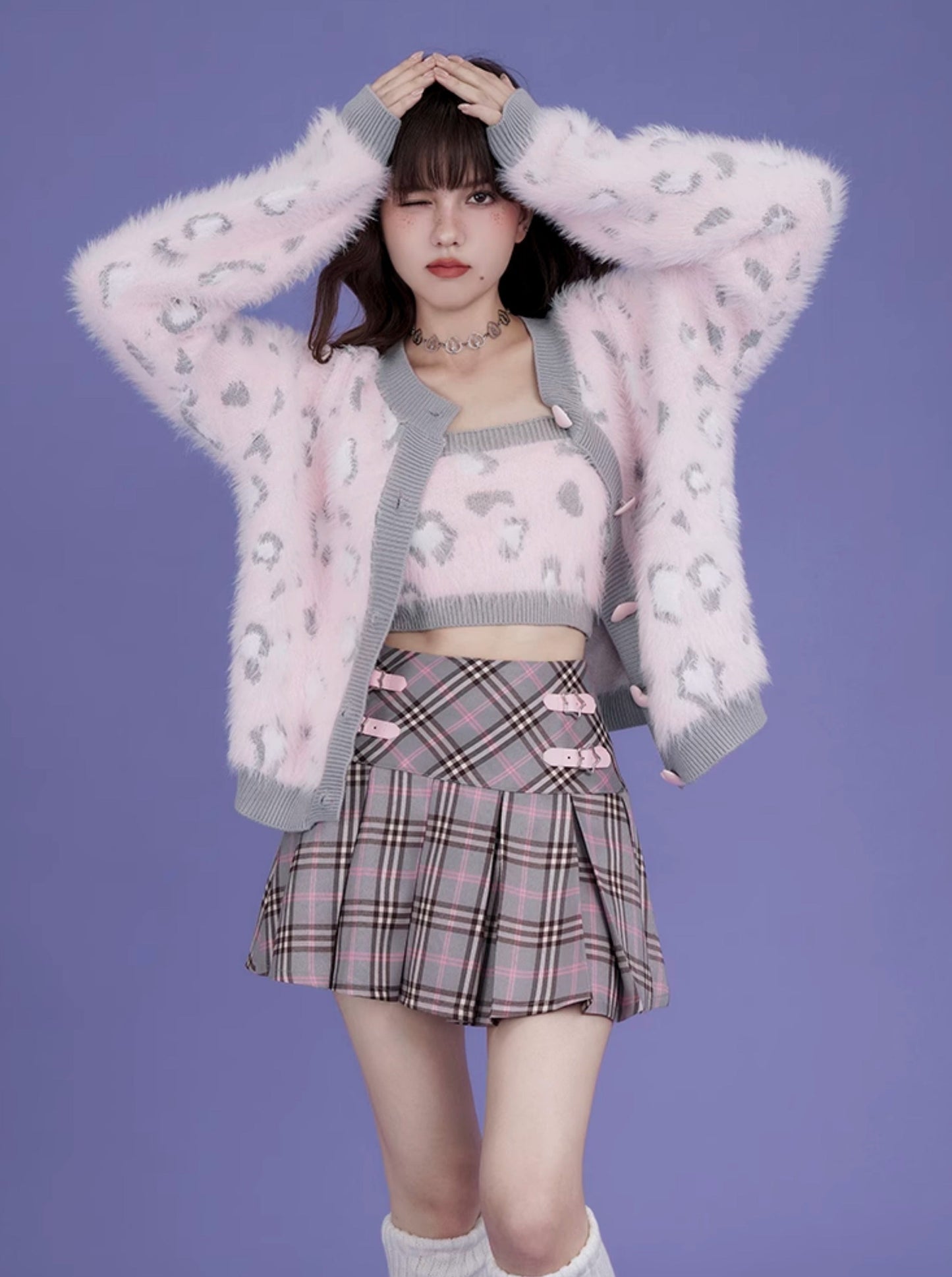 Pink Star Belt Check Skirt