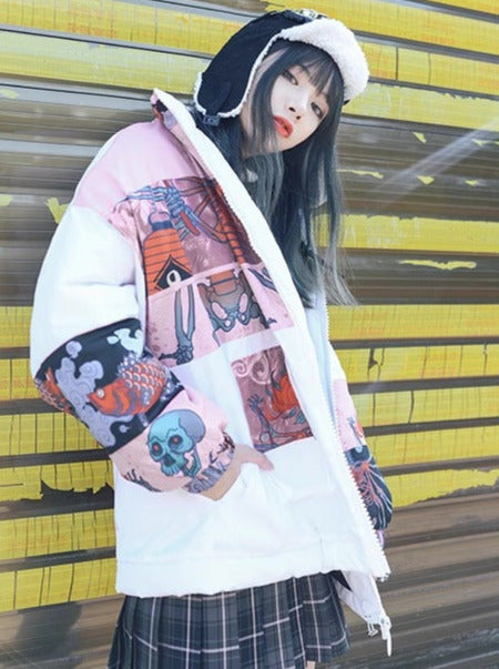 Dark Printed Stand Collar Cotton Down Jacket