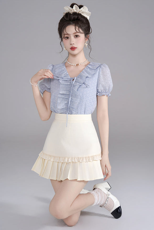 French V-Neck Ruffle Blouse + Ruffle Skirt