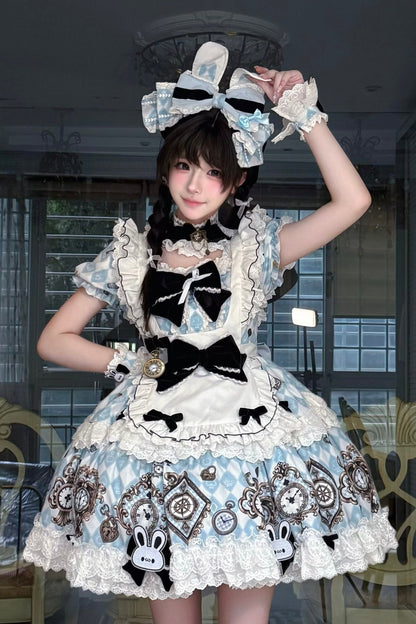 [Reservierungsschluss 30. Juni] Blau-weißes Alice-im-Wunderland Sweet-Lolita-Schleifen-Schürzen-OP-Kleid + Komplettset 1/2