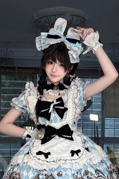 [Reservierungsschluss 30. Juni] Blaue x weiße Alice-im-Wunderland Sweet-Lolita-Accessoires-Serie (Hasenohren-Hut, Hasenohren-Haarreif, Halsband, Taschenuhr-Brosche, rückseitige Schleppen-Schleife, Handgelenkstulpen)