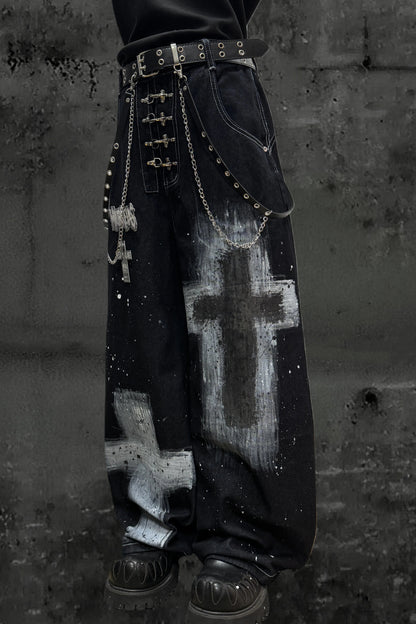 インクスプラッシュドグラフィティデニムパンツ+ベルト