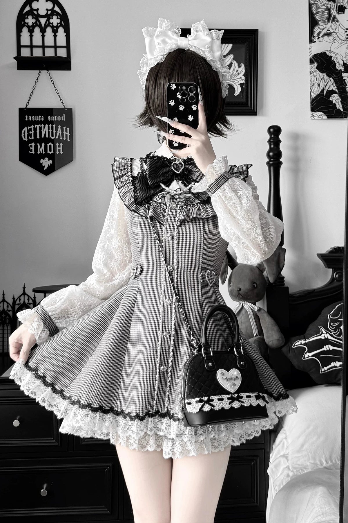 [Pre-order Deadline: November 15] Houndstooth Lace Sleeve Ruffle Dress + Matching Shorts + Pearl Ribbon Set