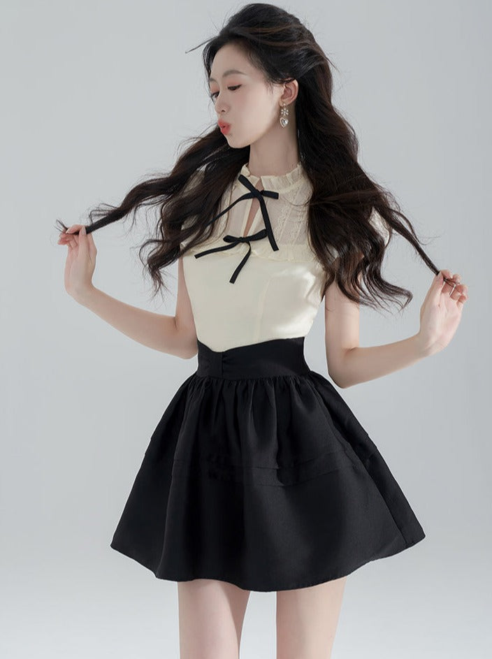 Ribbon neck sleeveless top + flared skirt