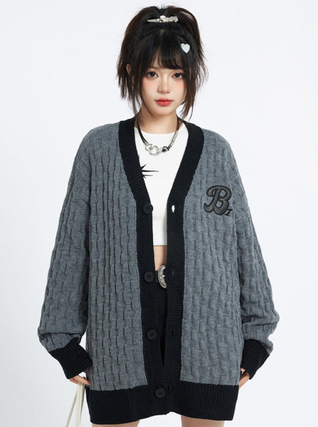 Patch V-Neck Cable Knit Cardigan