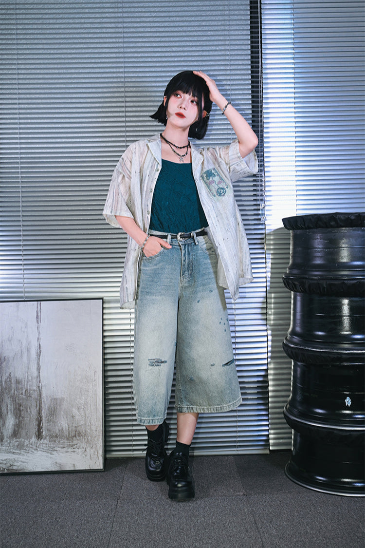 ダメージハーフデニムワイドレッグパンツ