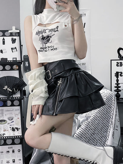 Zip cloth leather tiered belt skirt