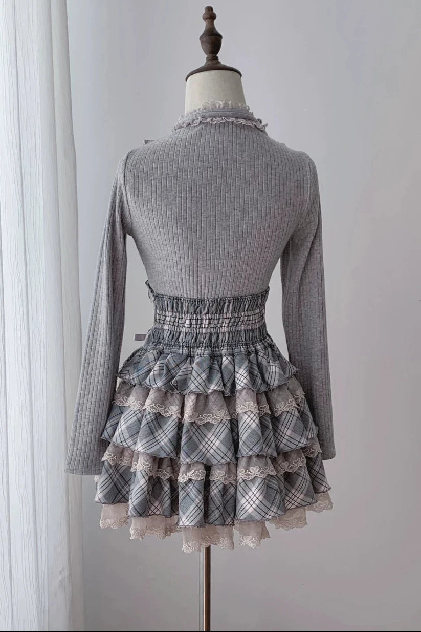 [Pre-order Deadline: October 15] Grey Pink Lace Trim Square Neck Choker Design Knit Top + Lace Trim Plaid Tiered Skirt