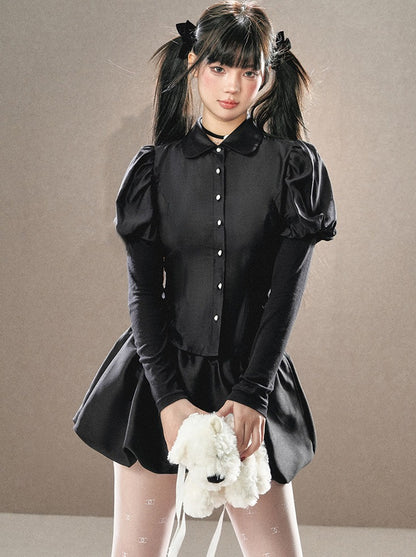 Puff sleeve little black shirt + check suspenders + flared skirt