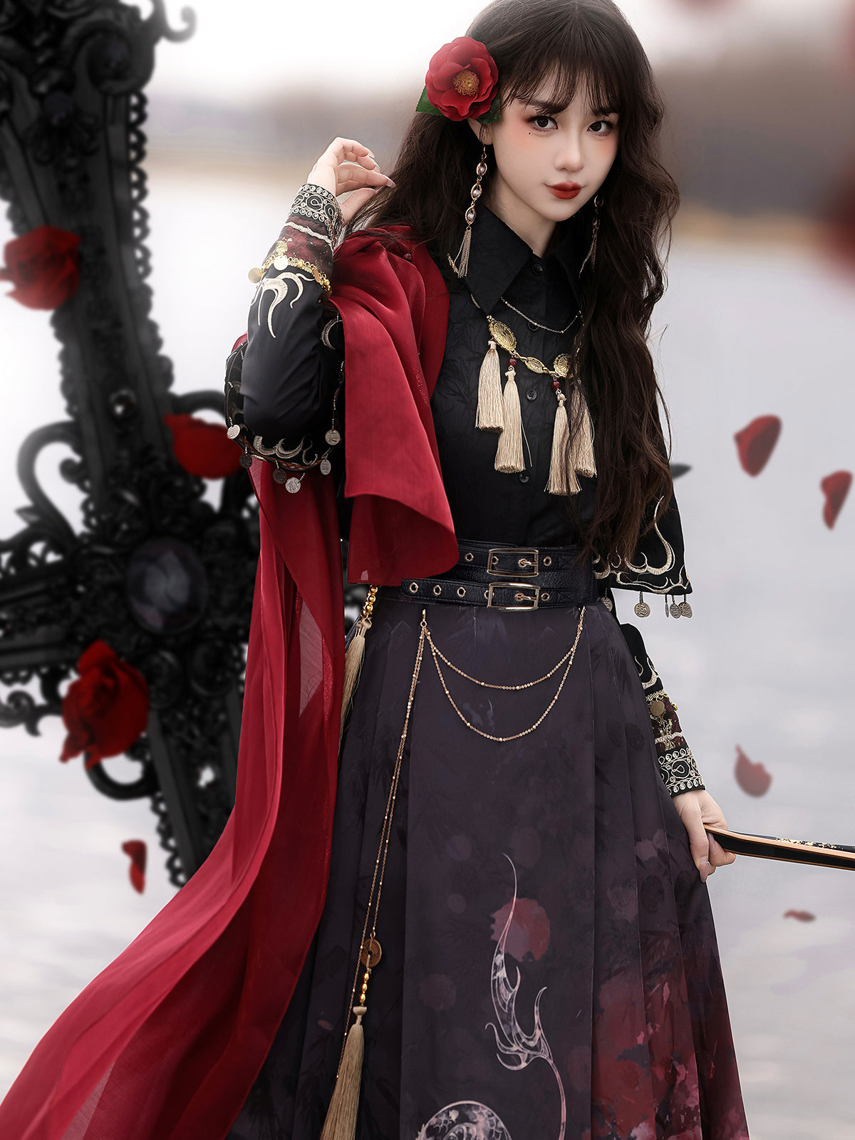 ファイヤーチャイナロングコート＋トップス＋ロングスカート