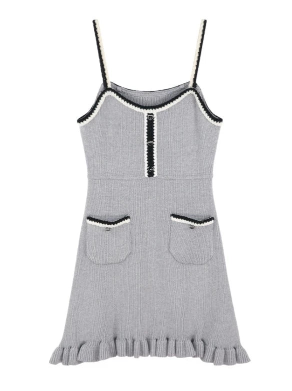 Gray Suspender Knit Dress + Polo Collar Knit Cardigan