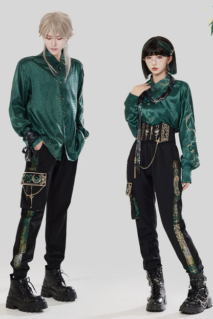 Jade Moon Dragon Embroidered Chinese Shirt + Moon Pocket Pants