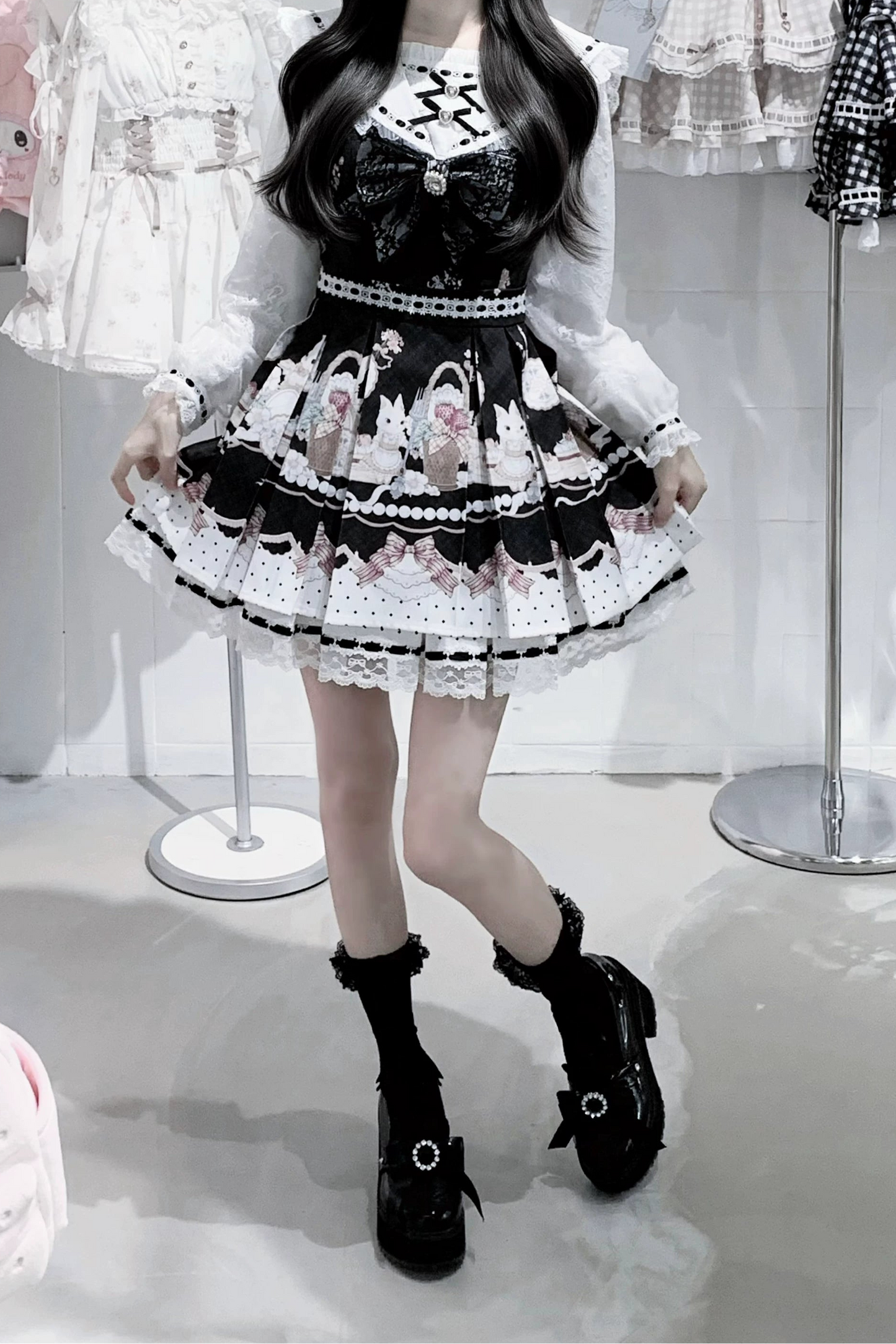 【8月30日予約締切】Black and Pink rabbit print lace sailor collar Op dress +pleated dress skirt set＋ 3 Styles of Bow Tie Available