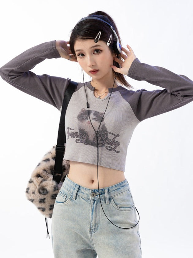 Bicolor cat design short slim top