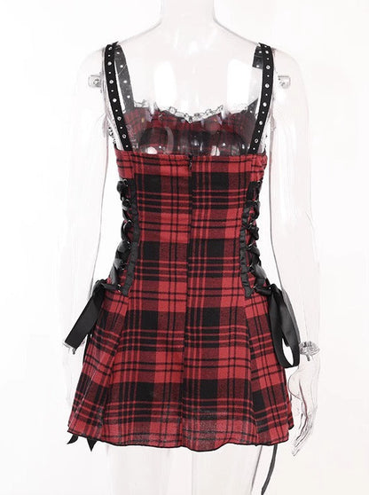 Y2K Black Red Hot Girl Lace Eyelet Sass Dress