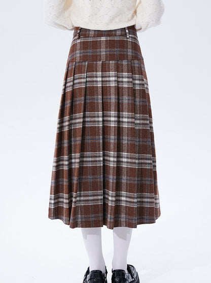 Red Check Asymmetrical Button Retro Wool Middle Skirt