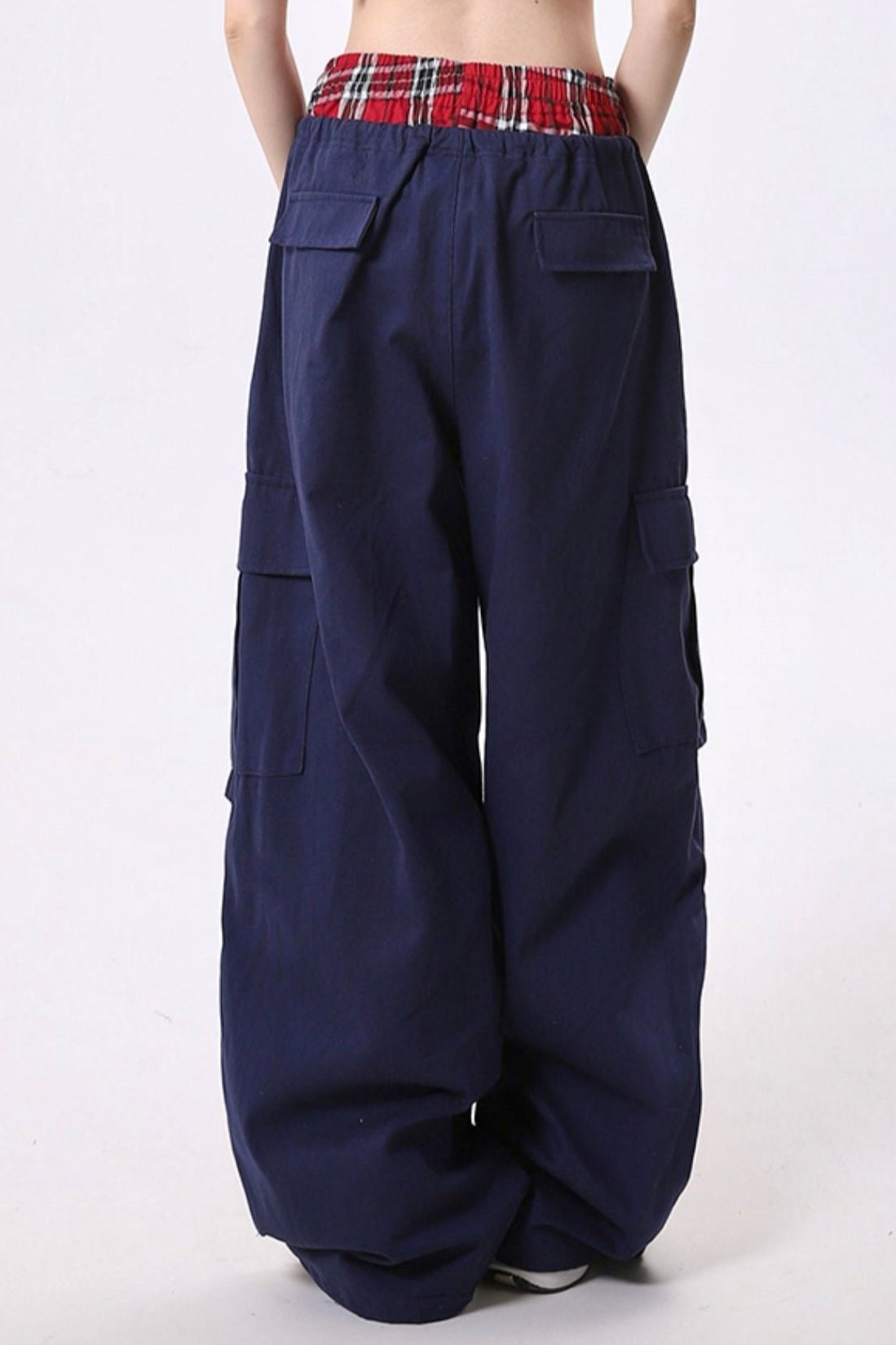 Plaid Stitch Double Waist Cargo Pants