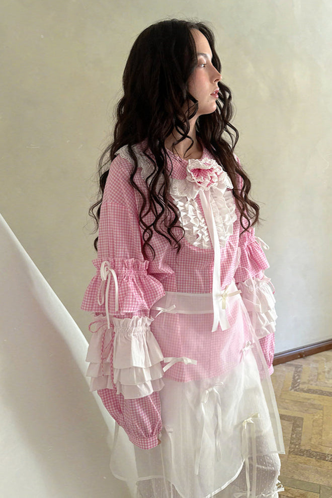 Camisa de patchwork con cuadrícula rosa muñeca