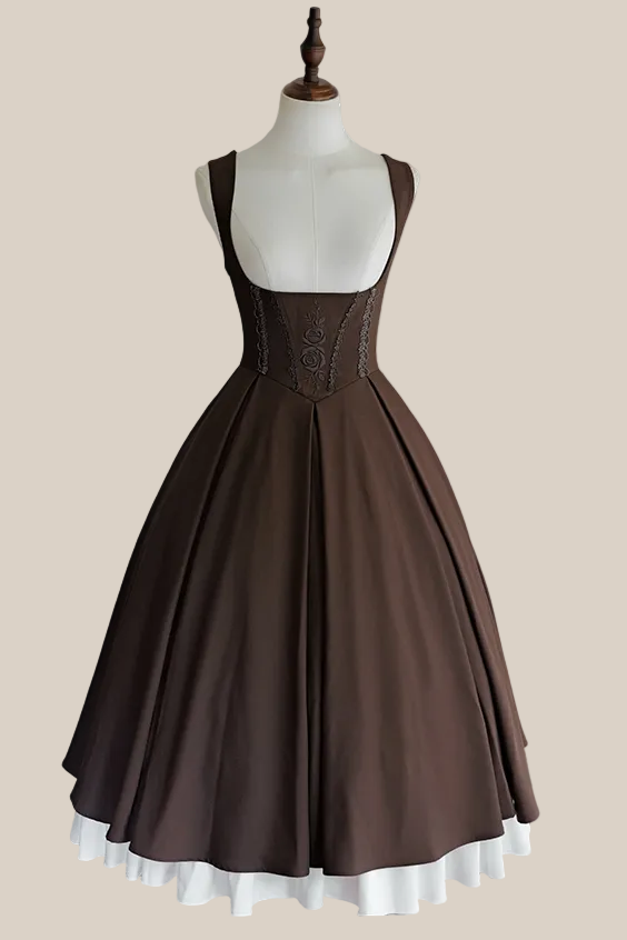 【9月19日予約締切】Classic Brown Rose Embroidered Corset Bustier Pleated Dress [Short/Long]
