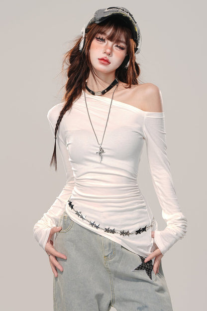 Irregular shoulder long sleeve top