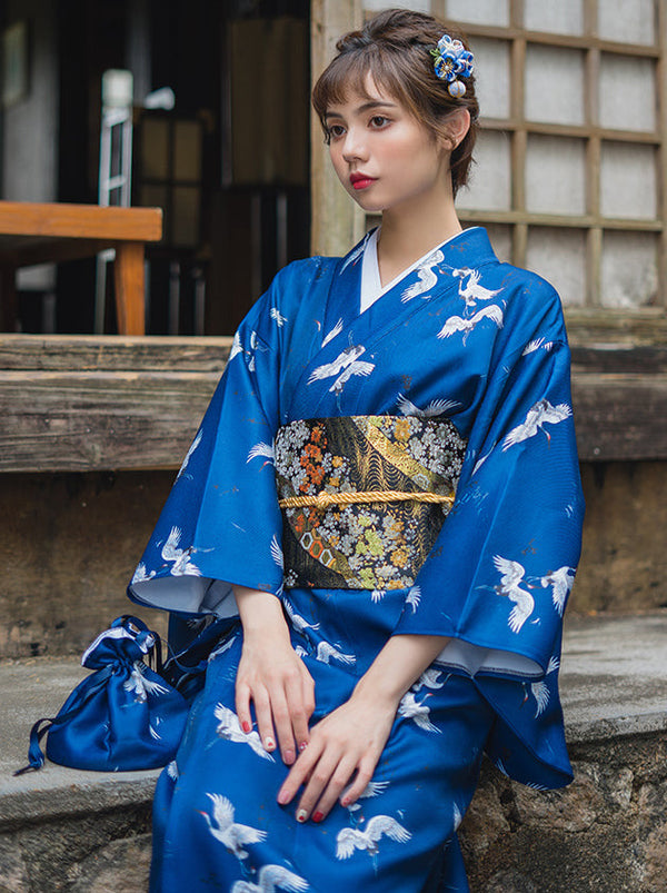 Retro Modern Sky Crane Yukata 5 Piece Set