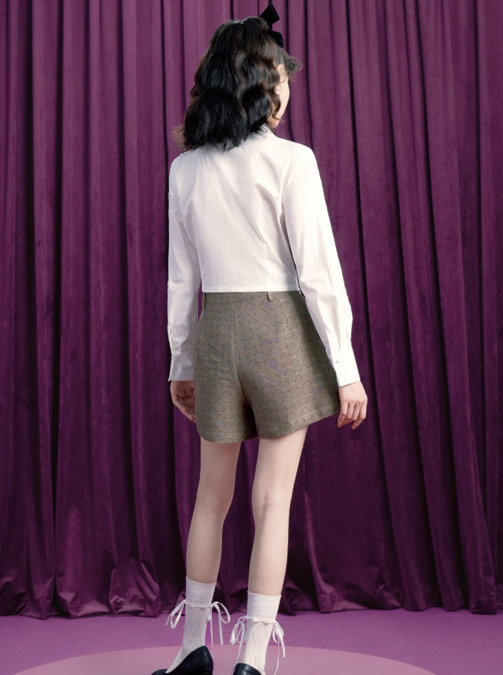 Candy Khaki Retro Jacquard Wide Shorts