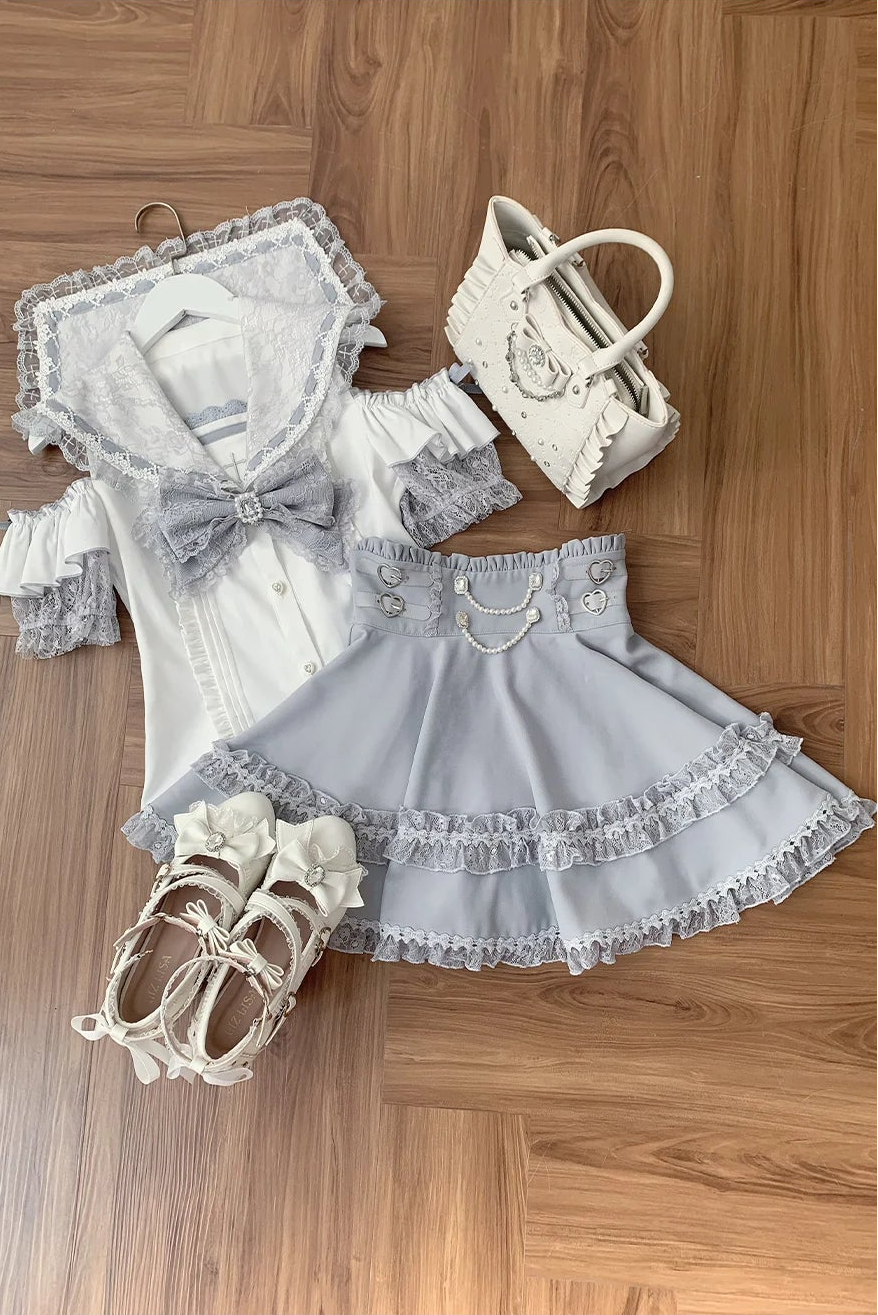 [Pre-order Deadline: August 30] Blue and White Lace Sailor Gothic Open-Shoulder Short-Sleeve Ribbon Shirt + Pearl Chain Frill Skirt