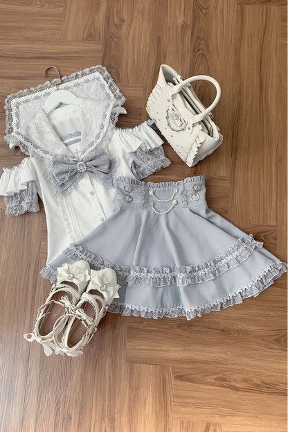 [Pre-order Deadline: August 30] Blue and White Lace Sailor Gothic Open-Shoulder Short-Sleeve Ribbon Shirt + Pearl Chain Frill Skirt