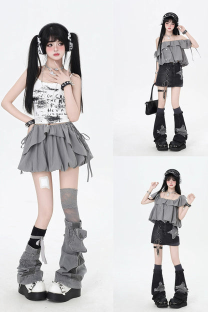 3-Style One-Shoulder Drawstring Top & Skirt