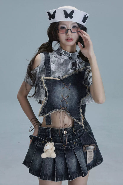 Y2Kスターデニムオーバーオールスカート+インナートップス