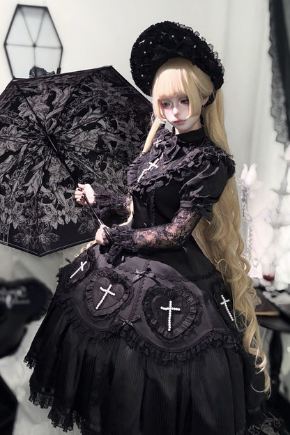 【12月12日予約締切】Night Crossダークエレガントゴシックロリータジュエルリボンケープ＋ロングドレスセット