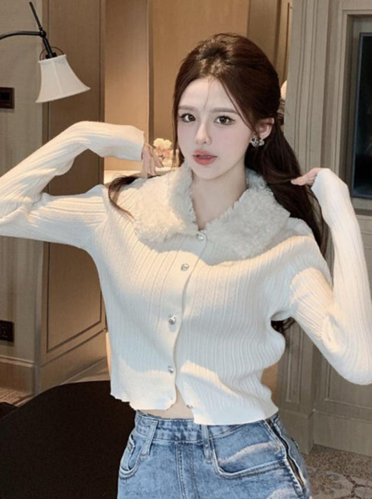 ボアカラースリムリブニットカーディガン