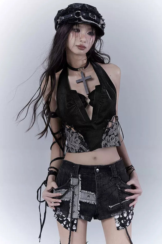 ダークレースパッチワークレザーキャミソール