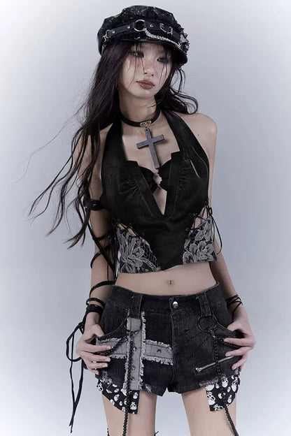 ダークレースパッチワークレザーキャミソール