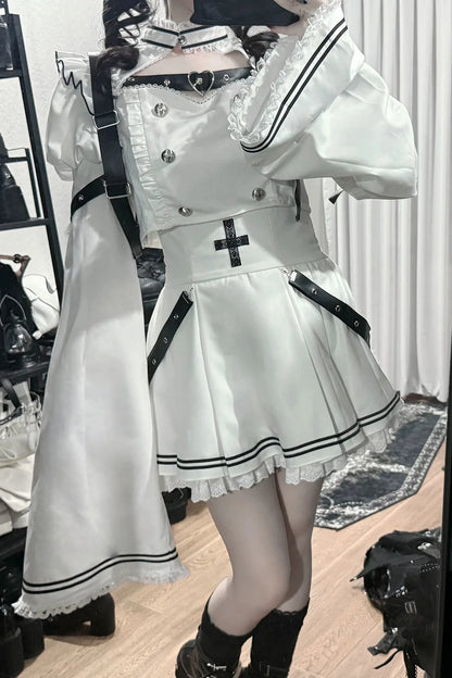[Pre-order Deadline: November 15] White and Black Gothic Choker-Neck Bell-Sleeve Frilled Crop Top with Buckle Strap + Medical Cross Strap Skirt
