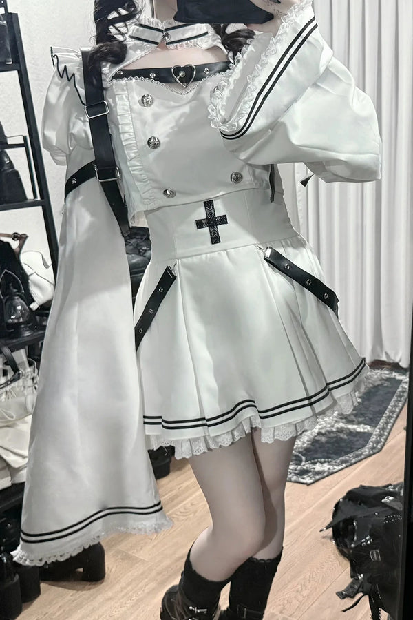 [Pre-order Deadline: November 15] White and Black Gothic Choker-Neck Bell-Sleeve Frilled Crop Top with Buckle Strap + Medical Cross Strap Skirt