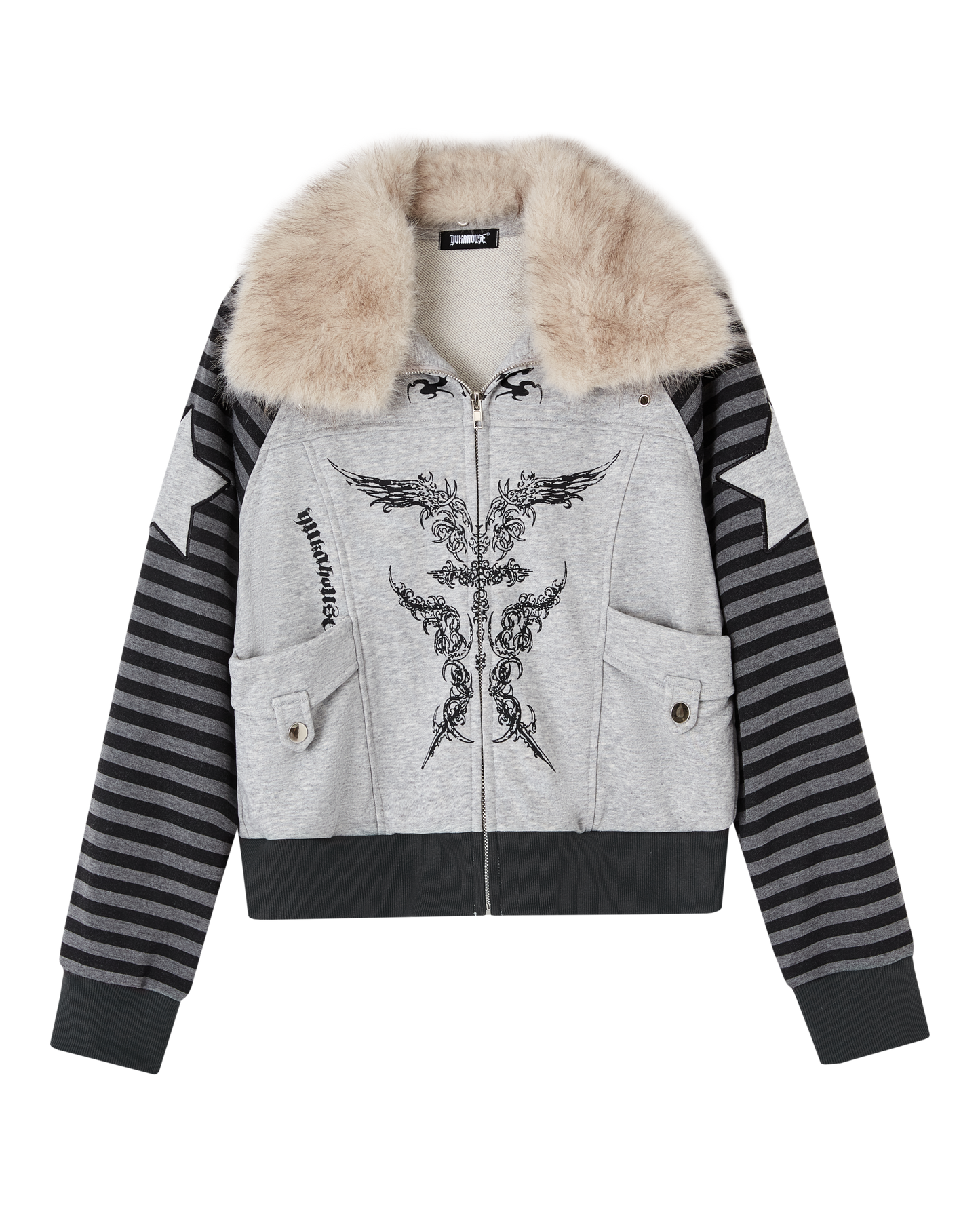 ファーカラーーパッチワークショートジャケット