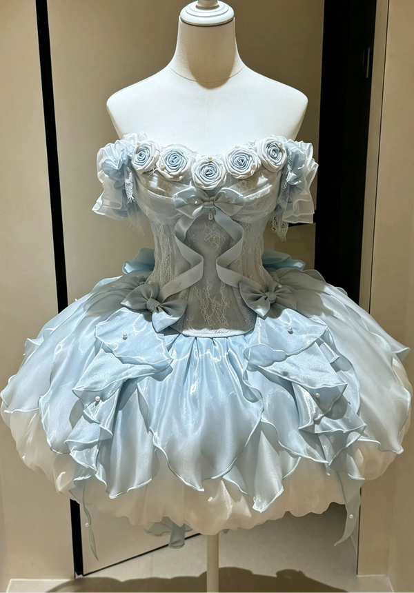 【9月6日予約締切】Romantic Rose Ballet Lolita Bow Lace Corset Bustier＋Layered Ruffle Bow Bubble Skirt + Bow Train（Set1/2）