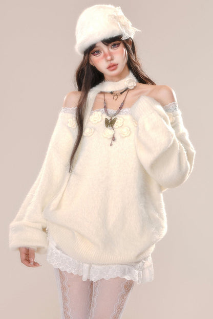 Soft heart lace one shoulder sweater