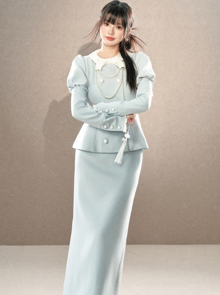 Pastel color puff sleeve double blest coat + high waist tight skirt [Reservation item]