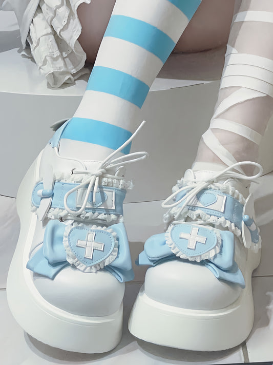 Sick Band-Aid Night Sakura Water Lantern Original Round Toe Tie-up Lolita Shoes Medical Department Cute Sweet Flatform Shoes